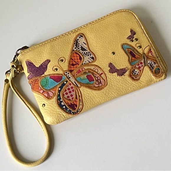 Fossil Embroidered Butterflies Floral Wristlet Wallet‎ Leather Yellow Clutch - Picture 4 of 15